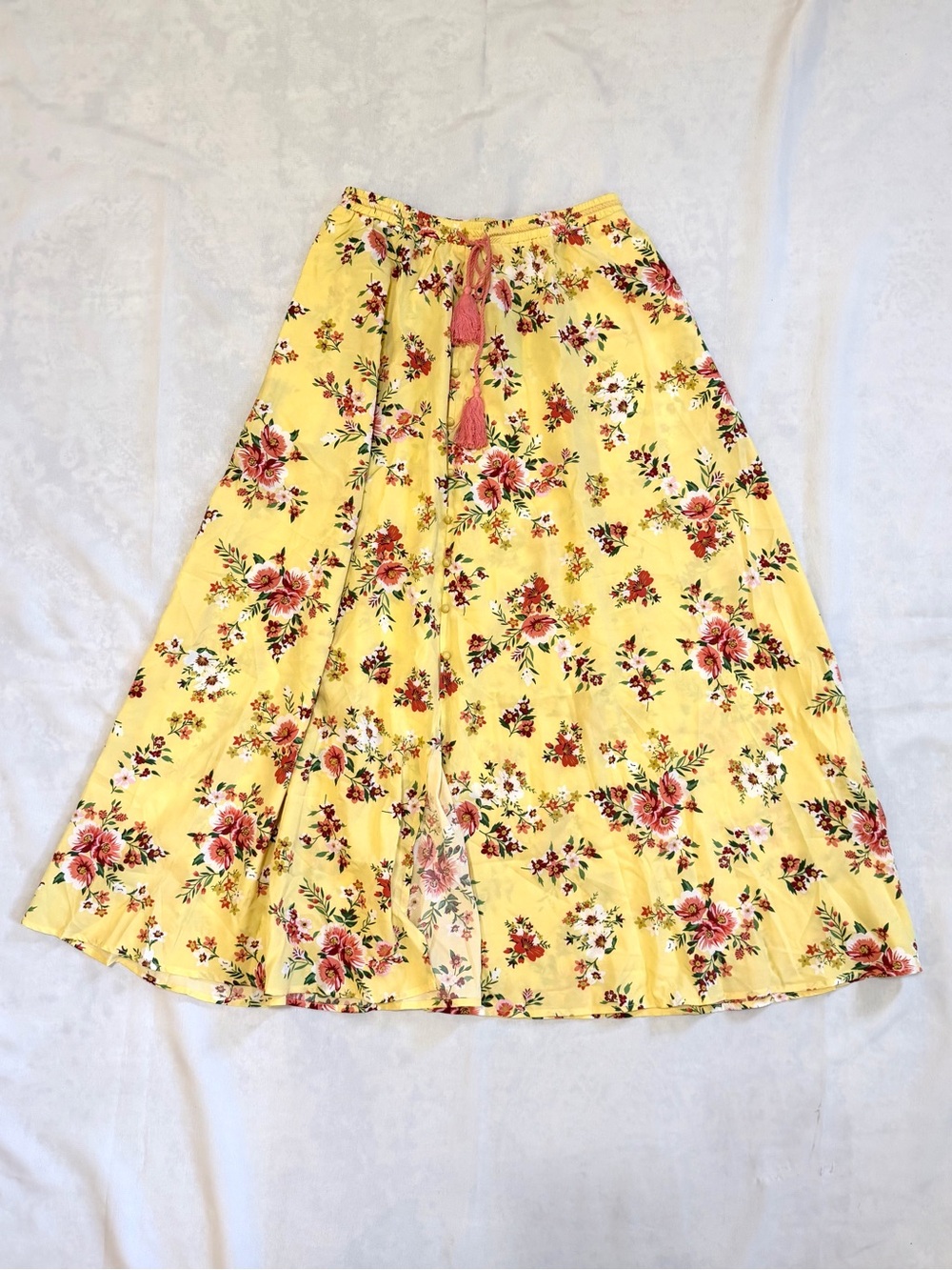 CUPSHE Women’s A-Line Long Skirt M Yellow Floral Elastic Waist Pockets Tassel